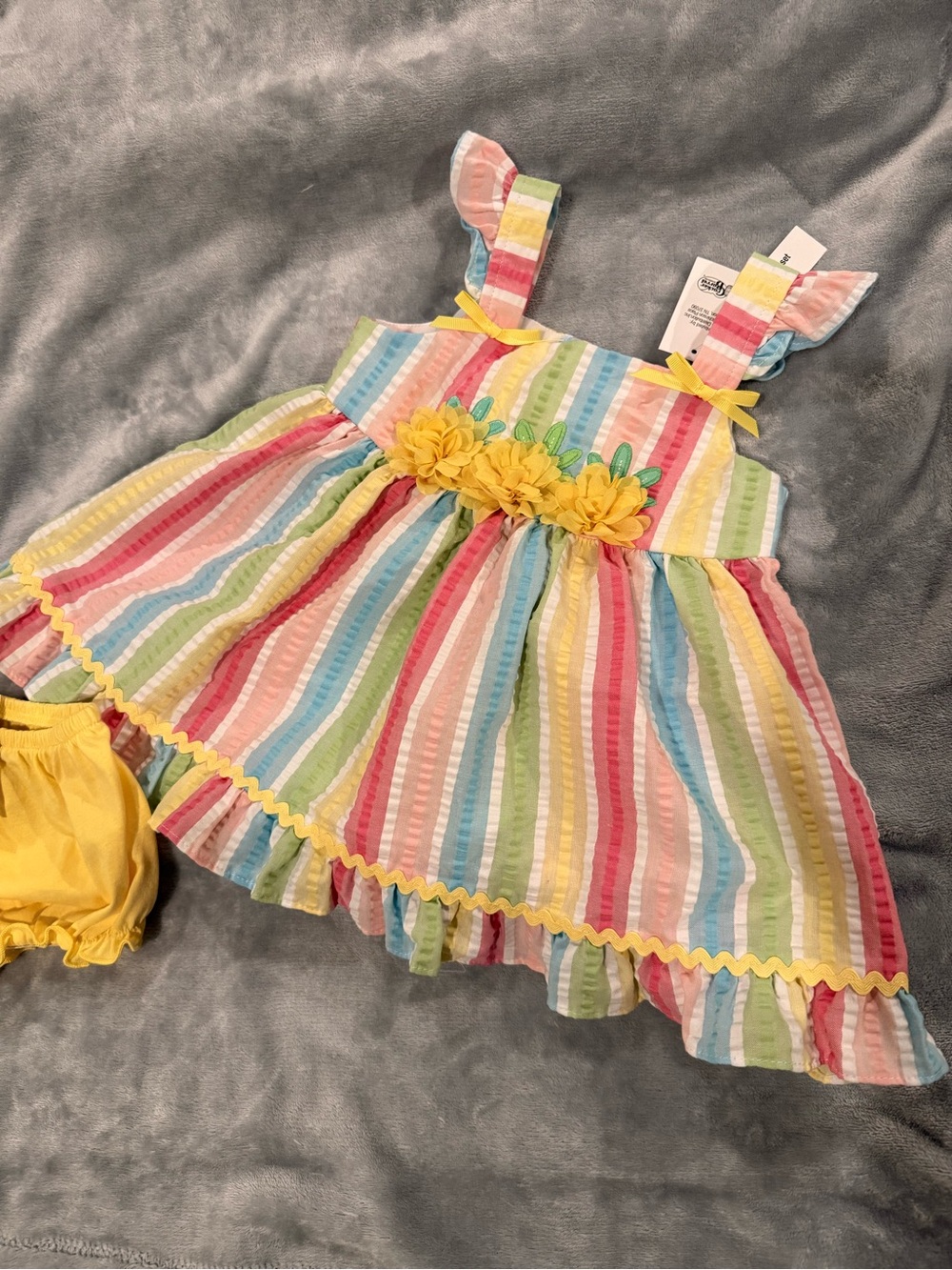 Girls' Pastel Rainbow Stripe Sundress with Yellow Bloomers